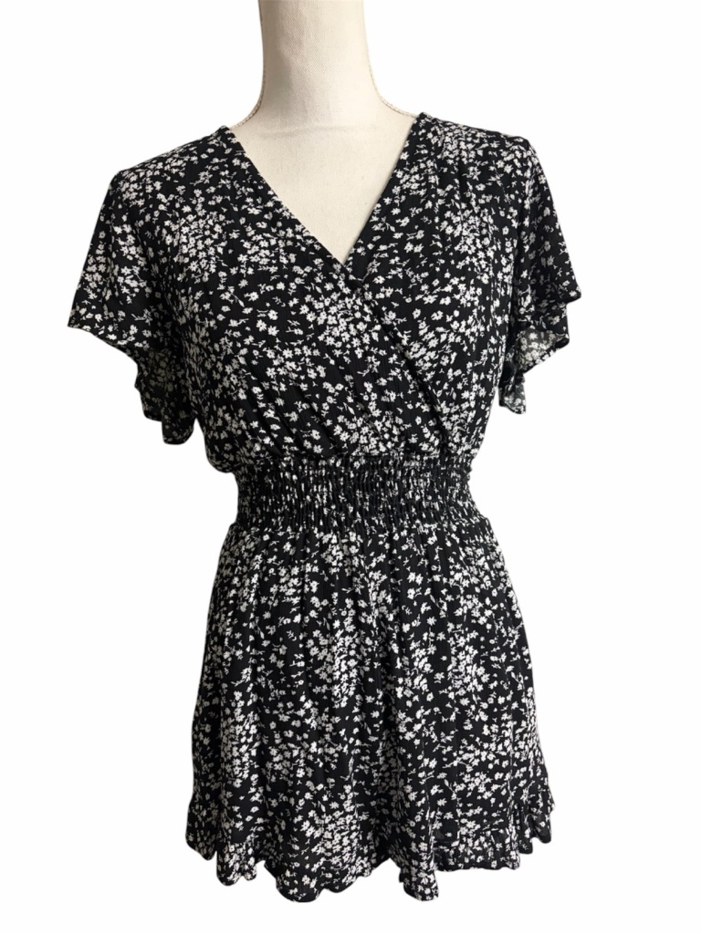 Altar'd State Black and White Floral V-Neck Romper
